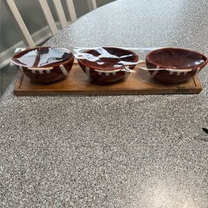 Rae Dunn Hut, Hut, Hike Football Shaped Snack Bowls Set with wooden tray